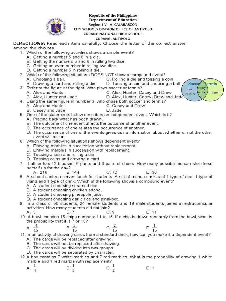 SUMMATIVE TEST Math 10 3rd QTR Probability PDF