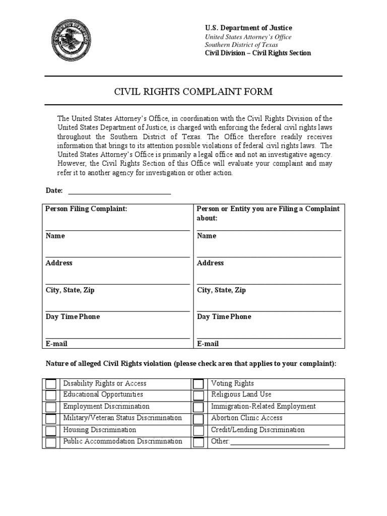 Civil Rights Complaint Submission Form | PDF