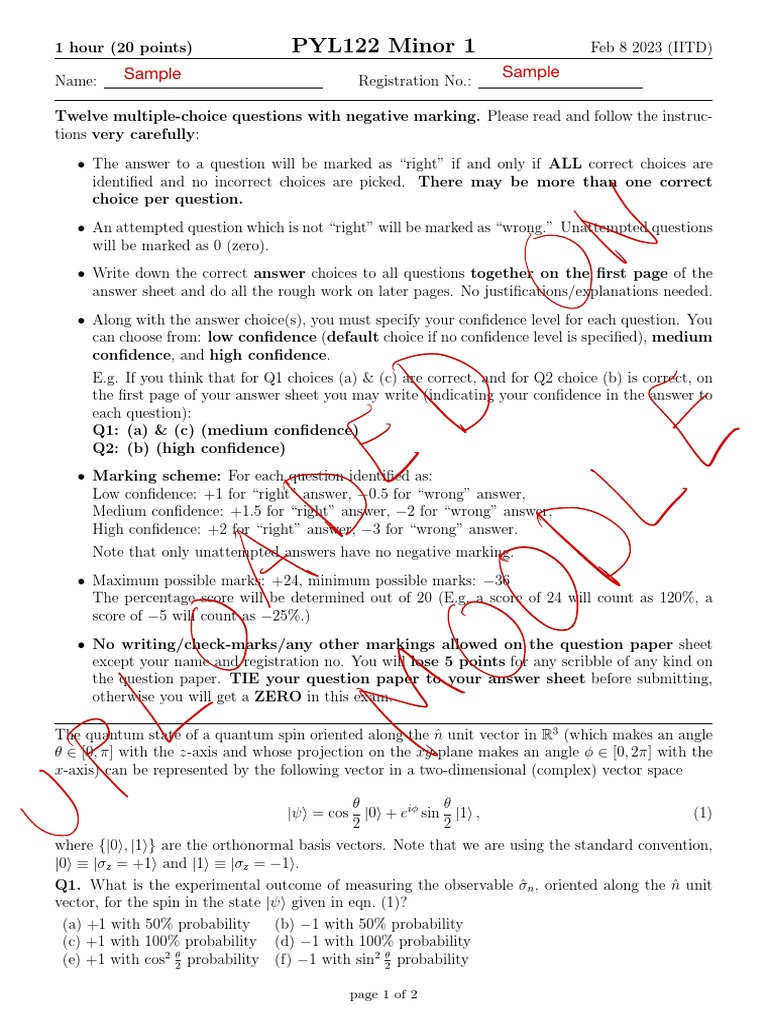 Quantum Spin Measurements Multiple Choice Questions on Quantum States