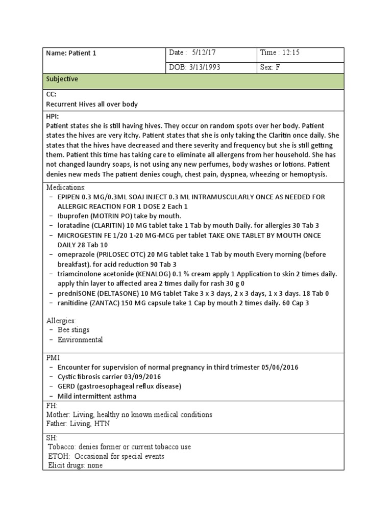 Chronic Urticaria SOAP Note | PDF | Self-Improvement