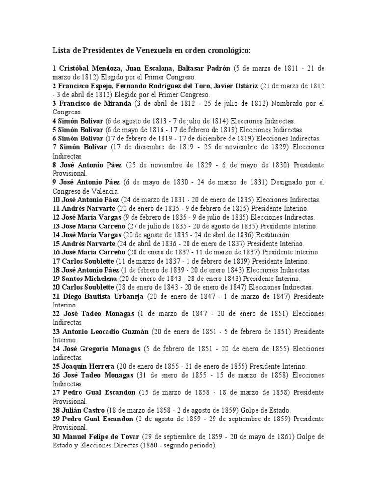 Lista de Presidentes de Venezuela en orden cronológico PDF