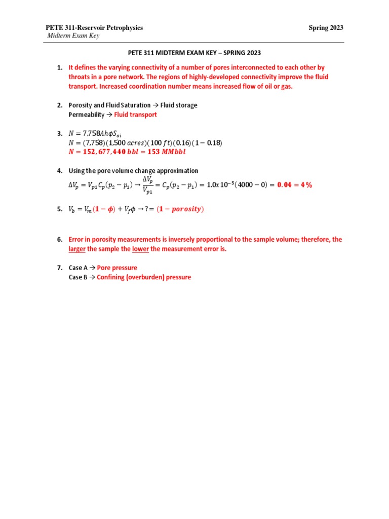 PETE 311 Midterm Exam Key Spring 2023 PDF | PDF