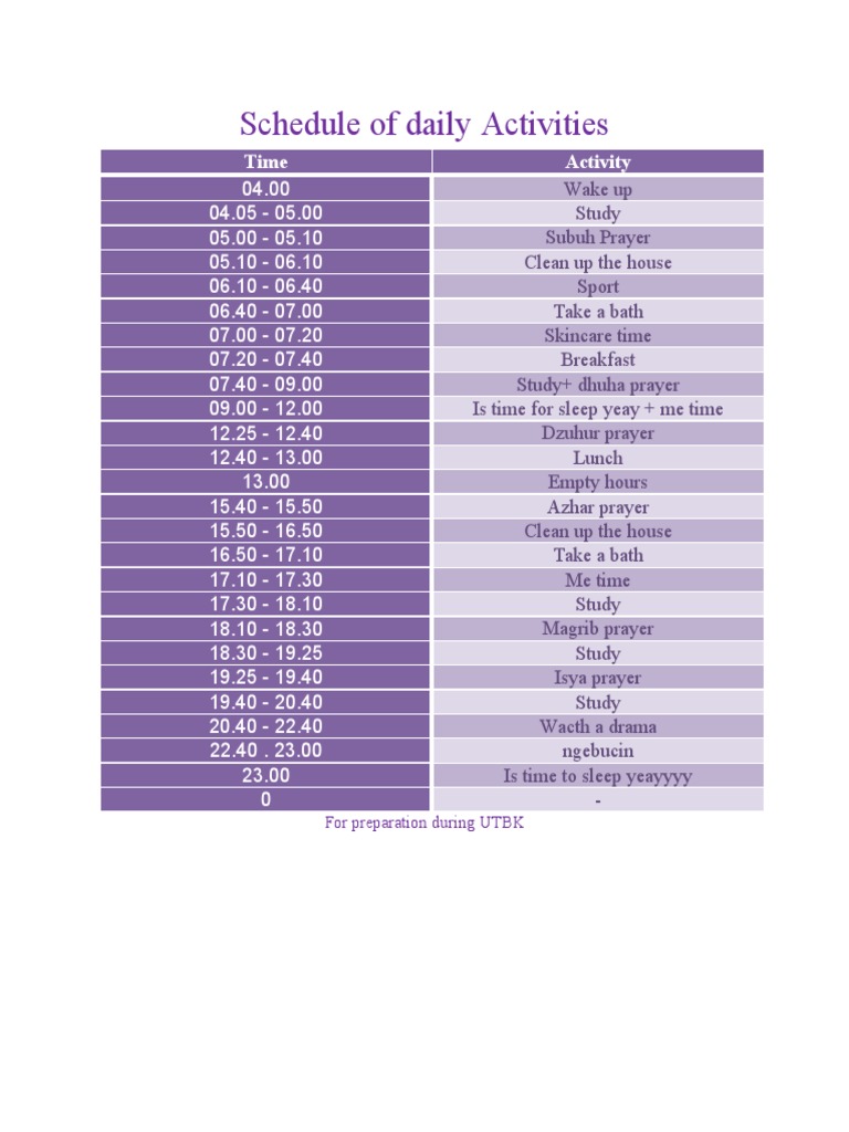 Daily Activity Schedule for UTBK Prep | PDF