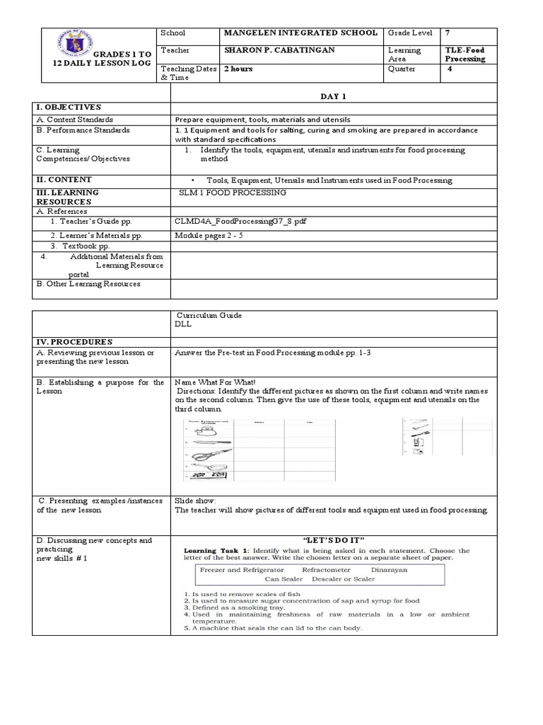DLL Day 1 Food Processing G7Sharon PDF Learning Teachers