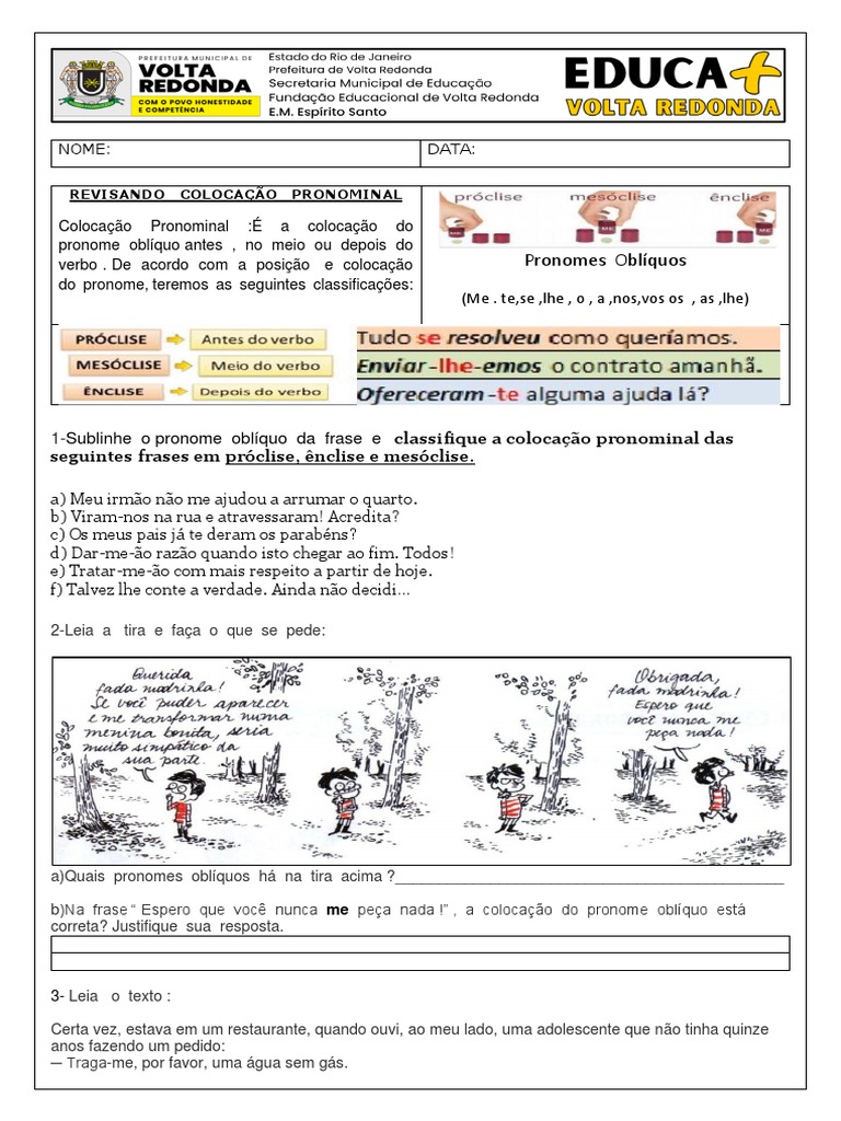 Colocação Pronominal Atividade 2 | PDF | Linguística