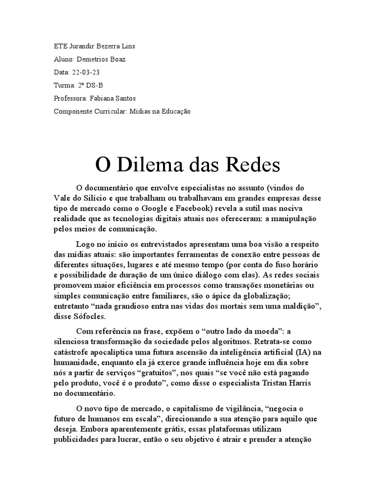 O Dilema Das Redes | Download grátis PDF | Comunicação | Inteligência ...