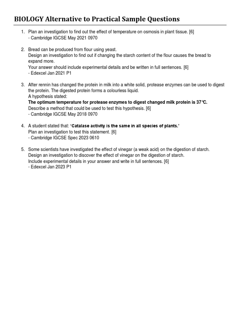 Biology Practical Investigation Questions | PDF