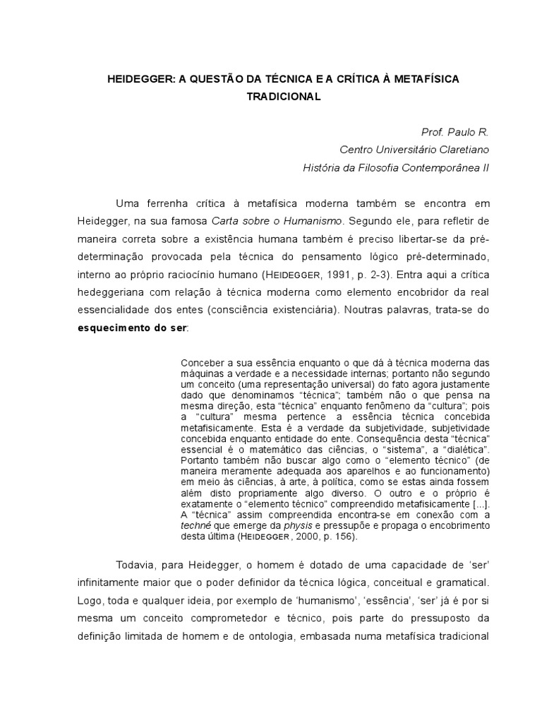 SILVA. Heidegger - A Questao Da Tecnica e A Metafisica Tradicional | PDF