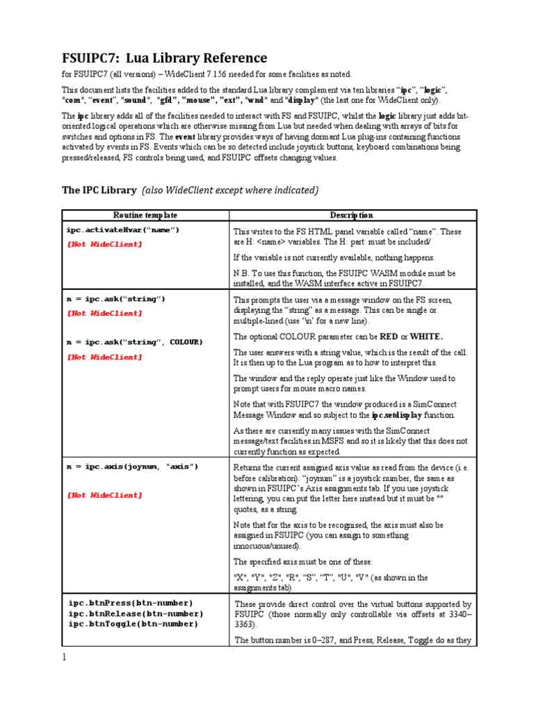 FSUIPC Lua Library PDF | PDF | Technology & Engineering