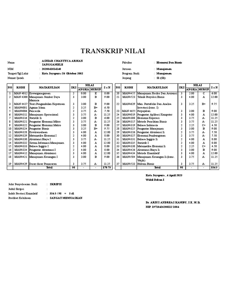 Transkrip Mahasiswa Pdf Pdf
