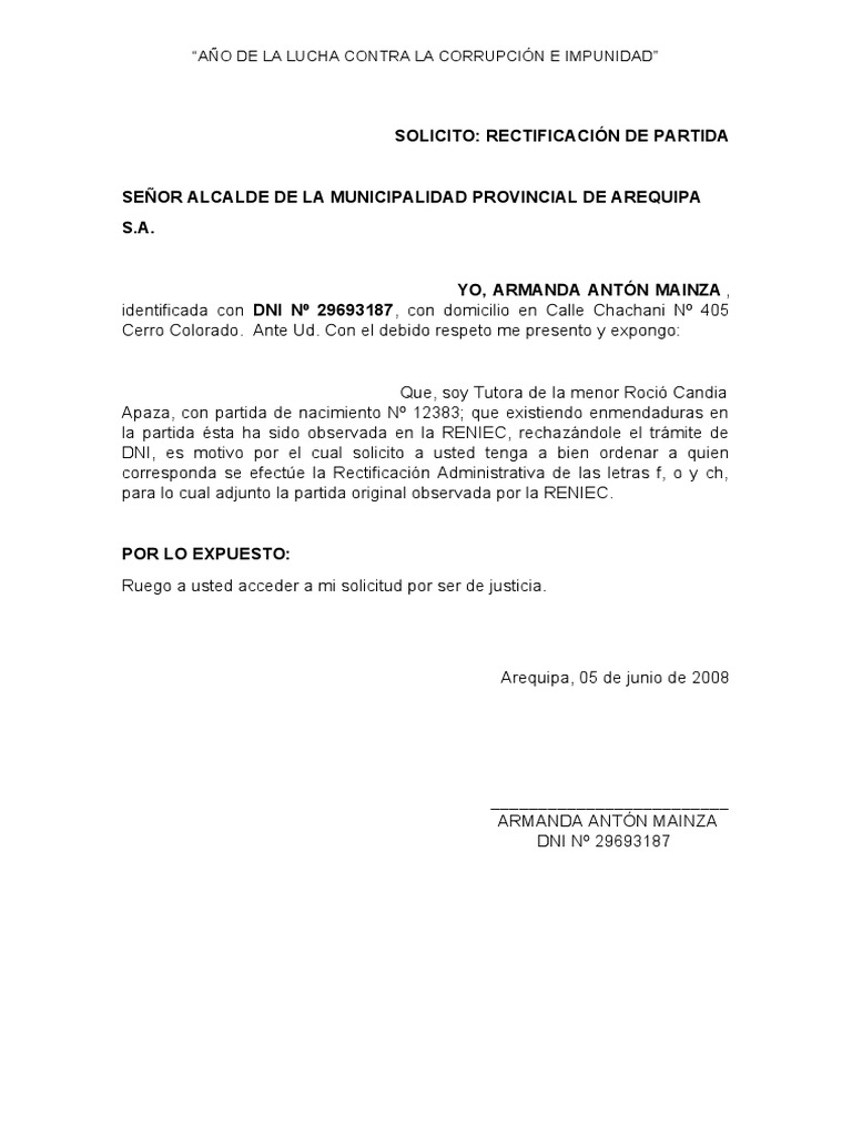 Solicitud - Rectificación de Partida | PDF
