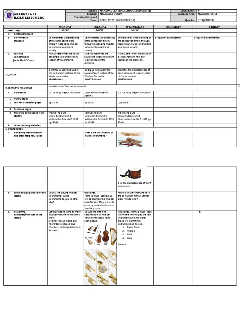 MAPEH Music Lesson Plan for Grade VI | PDF