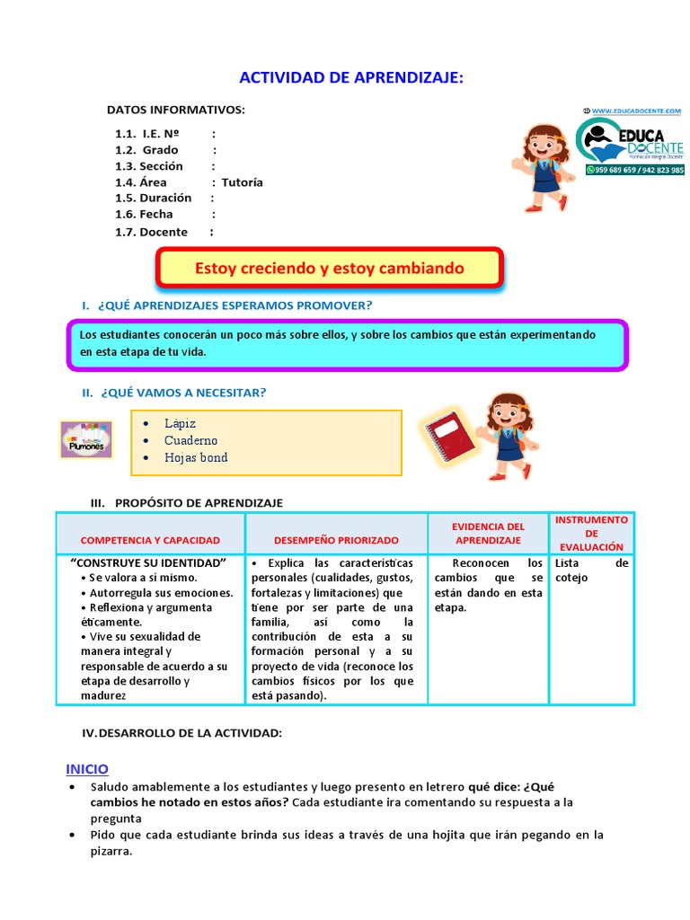 D1 A3 SESION TUT. Estoy Creciendo y Estoy Cambiando | PDF | Crecimiento ...