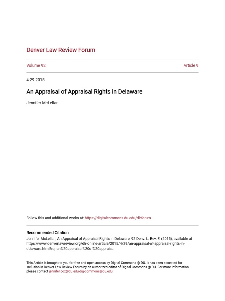 McLellan An Appraisal of Appraisal Rights in Delaware.pdf PDF