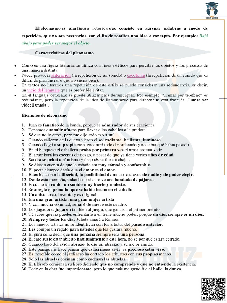 Ejemplos y definición de pleonasmo | PDF | Arte | Poesía