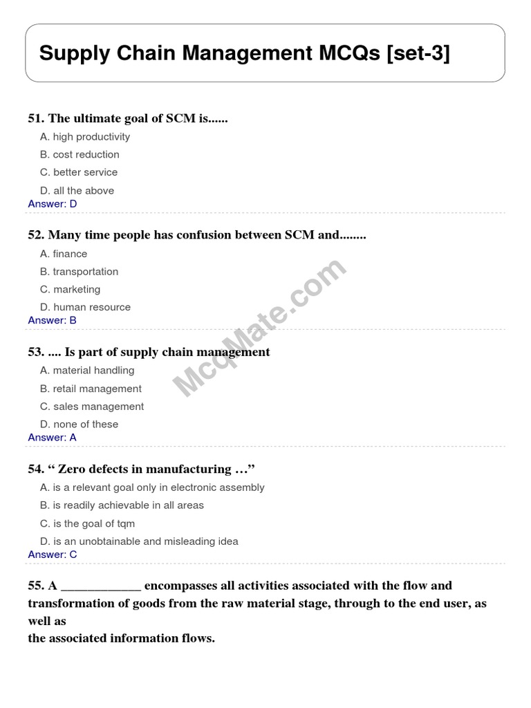 Supply Chain Management Solved MCQs (Set3) PDF PDF