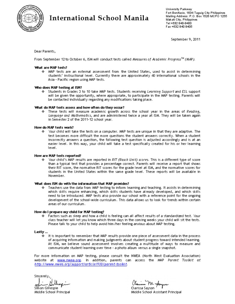 Letter To Parents MAP Test Education Theory Teaching