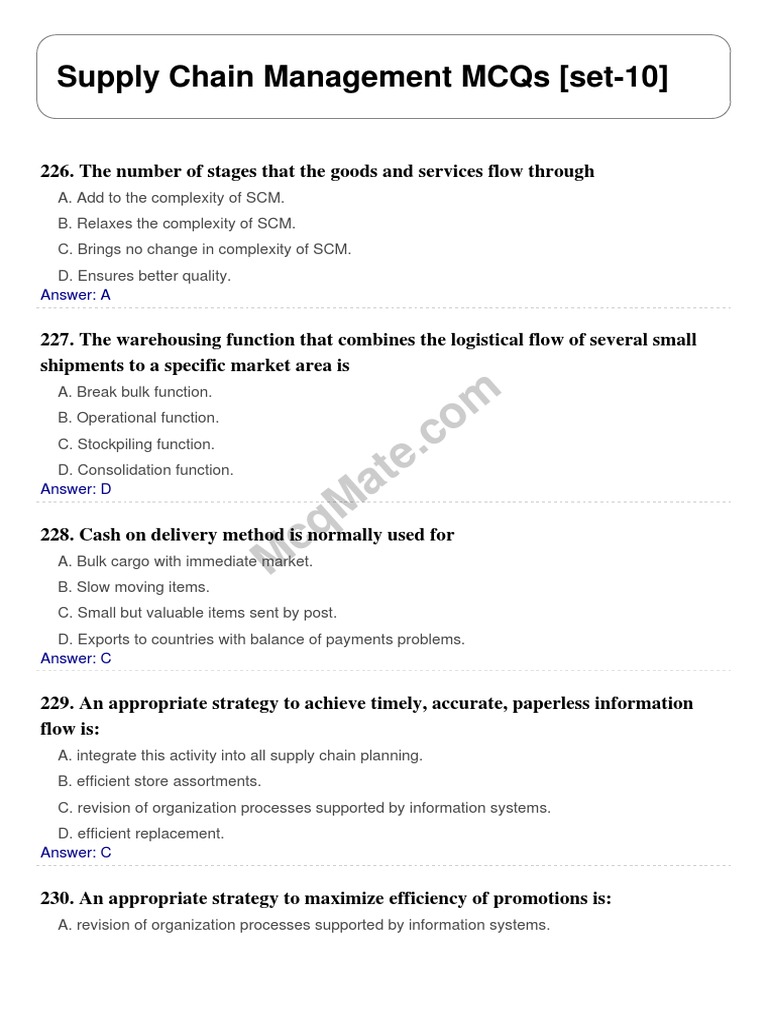 Supply Chain Management MCQs Set 10 | PDF