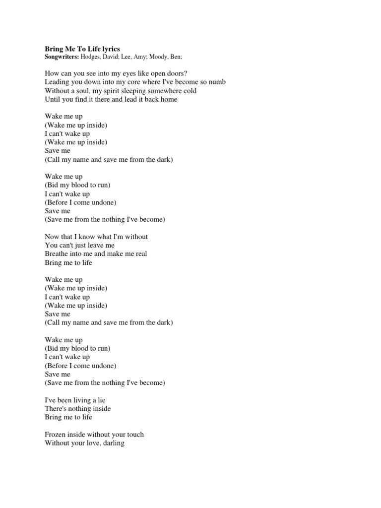 Bring Me To Life Lyrics Entertainment General Leisure