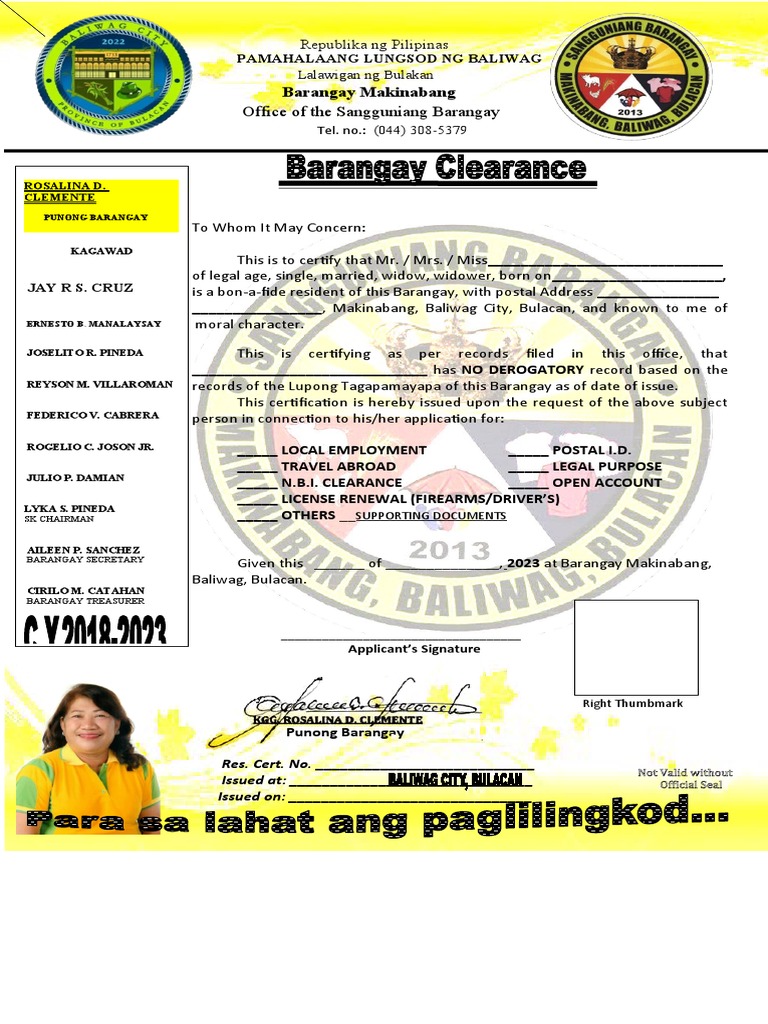 Barangay Clearance Certificate Sample | PDF