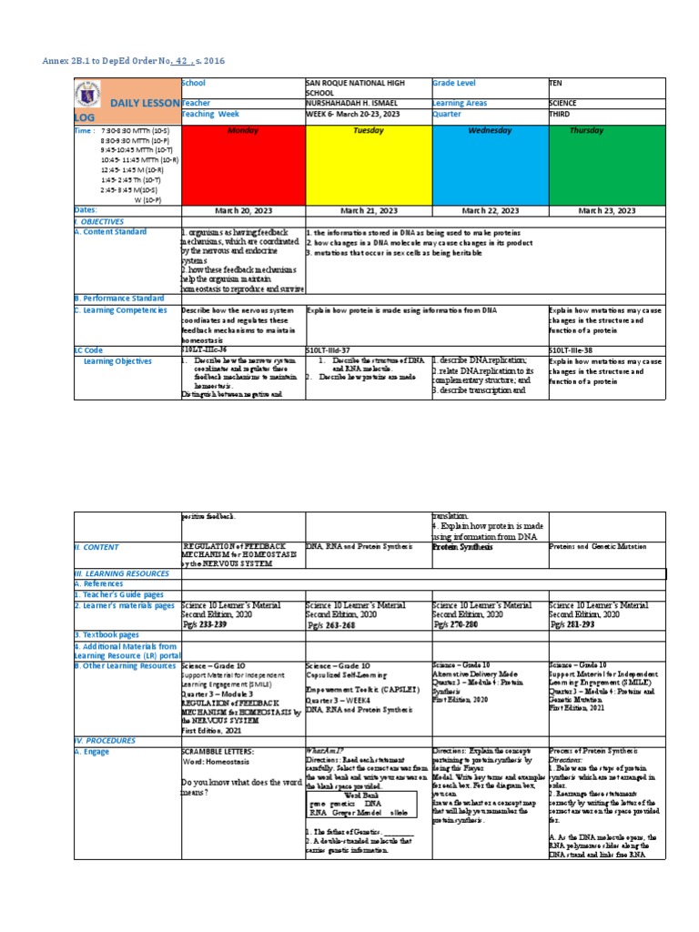 Daily Lesson Log: Science 10 Week 6 | PDF | Genetic Code | Nucleic Acid ...