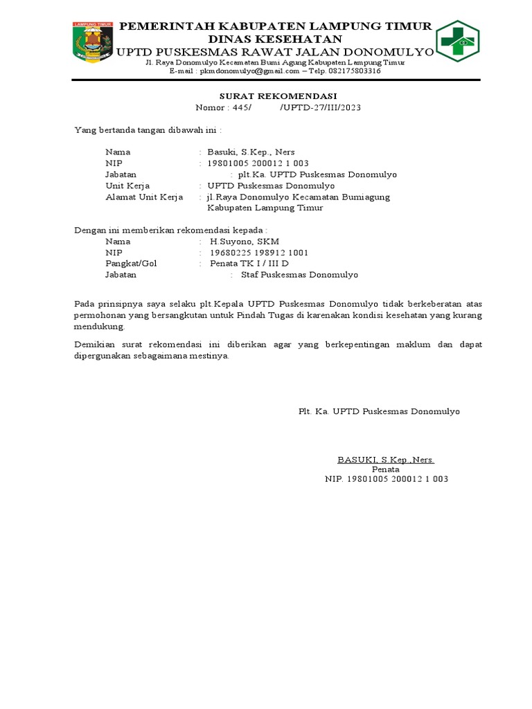 Rekomendasi Pindah Tugas H. Suyono | PDF