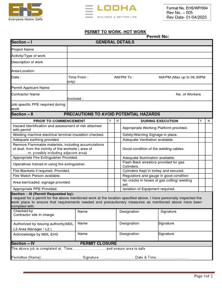Hot Work Permit Template and Guidelines | PDF | Personal Protective ...