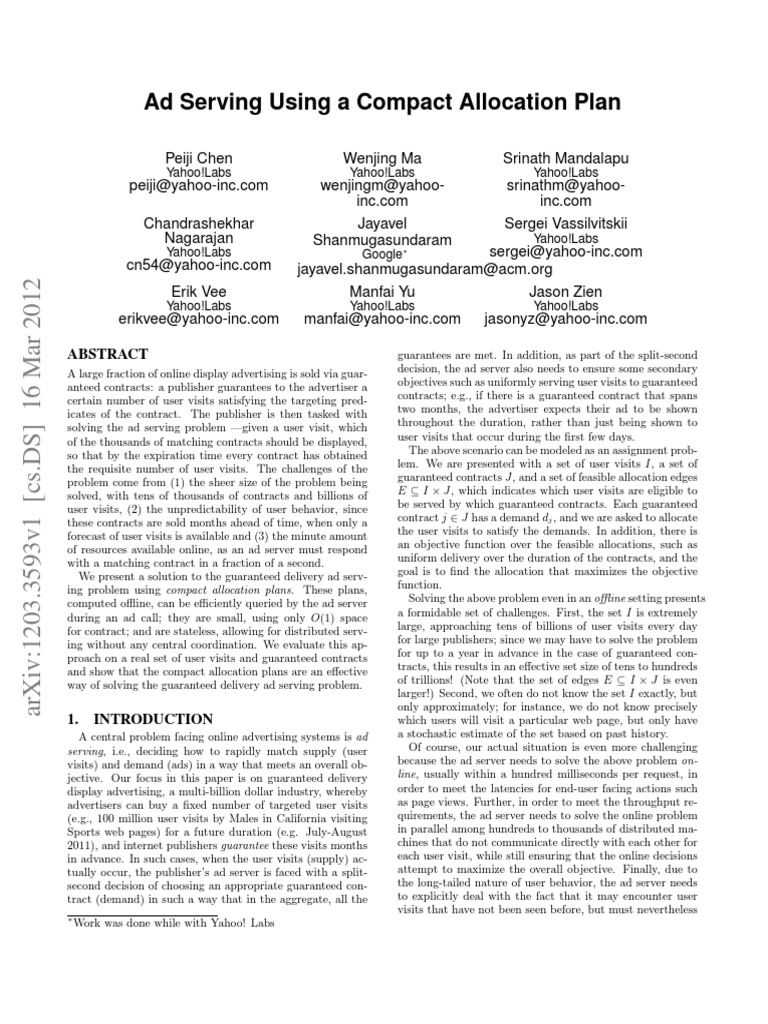 Ad Serving Using A Compact Allocation Plan PDF | PDF