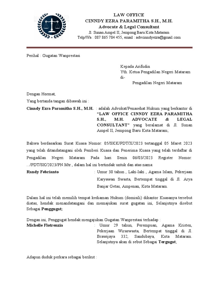 Surat Gugatan Wanprestasi 1 Pdf