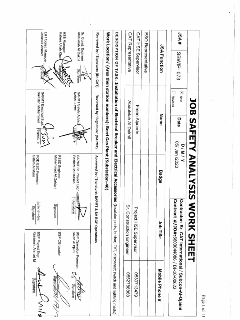 JSA For Lifting Shfting Installation of Electrical Breakers