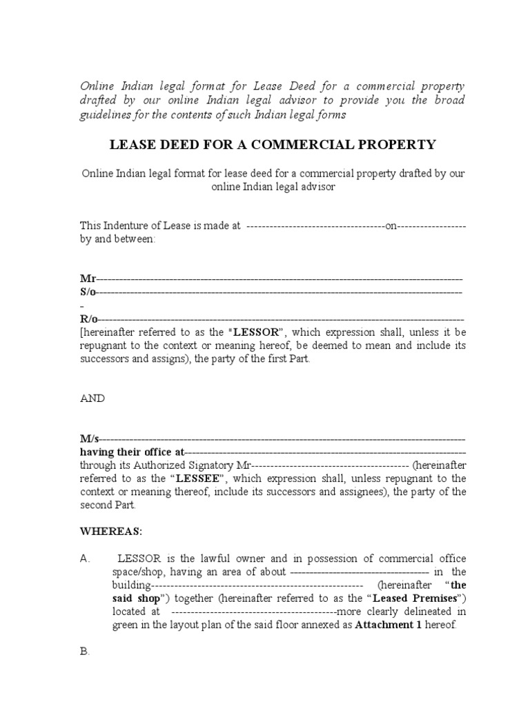 Lease Deed For A Commercial Property | PDF | Lease | Renting