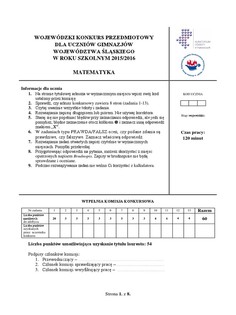 Wojewódzki Konkurs Matematyczny Dla Szkół Podstawowych Zadania WOJEWÓDZKI KONKURS PRZEDMIOTOWY DLA UCZNIÓW GIMNAZJÓW WOJEWÓDZTWA