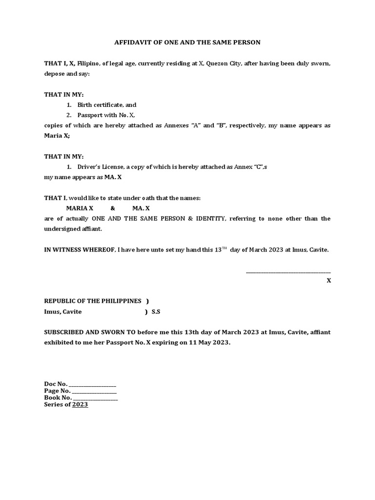 Affidavit of one and the same person pdf