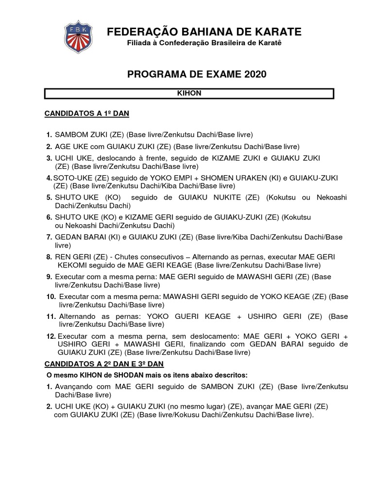 Programa de Exame de Faixa Preta CBK 2020 | PDF