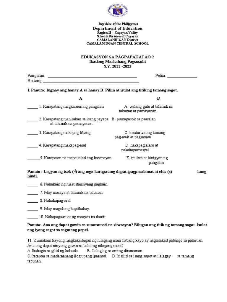 EsP 2 Q3 Periodic Test 2022 2023 | PDF