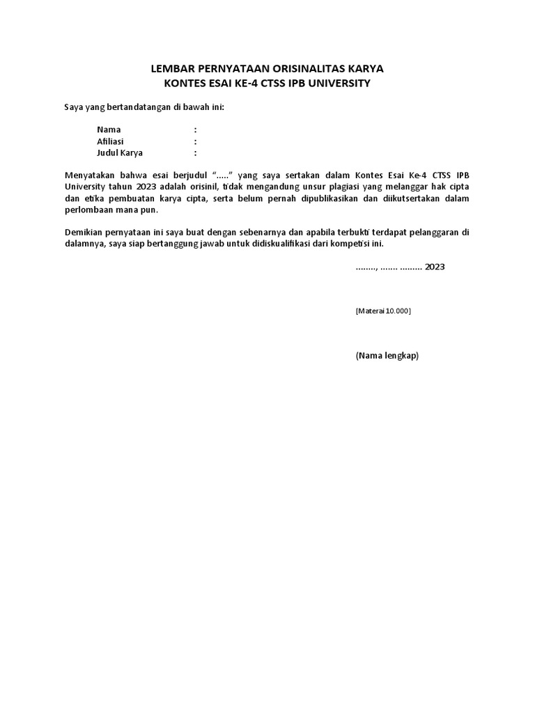 Lembar Pernyataan Orisinalitas Karya - Kontes Esai Dan Video Pendek ...