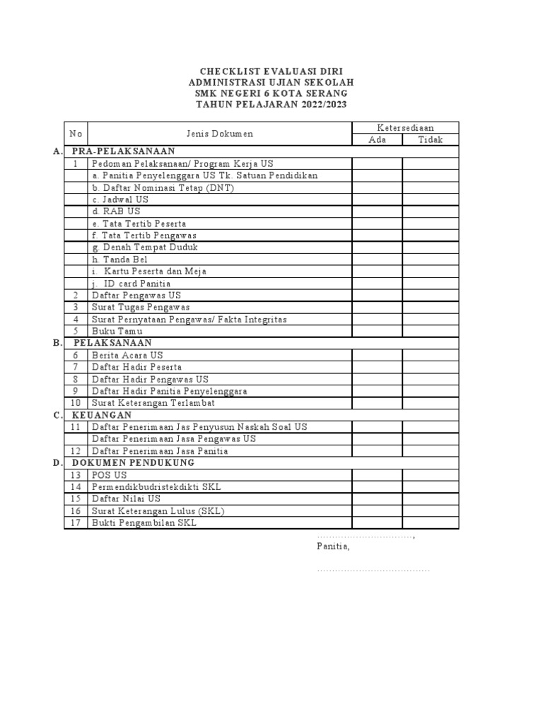 Checklist Evaluasi Diri Pelaksanaan Us TP 2022-2023 | PDF