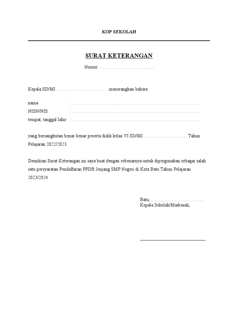 Surat Keterangan Kelas Vi | PDF