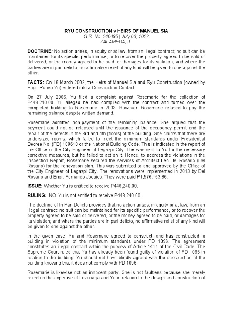 Ryu Construction v. Heirs of Sia Ruling | PDF | Home & Garden
