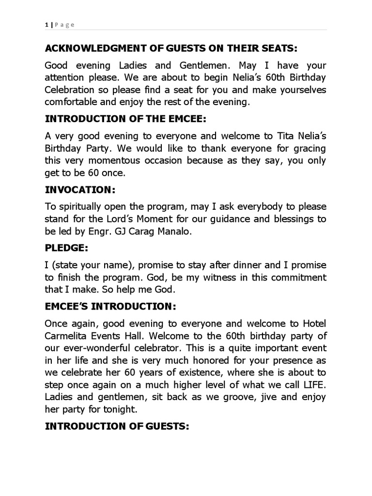 Emcee Script for Nelia's 60th Birthday | PDF