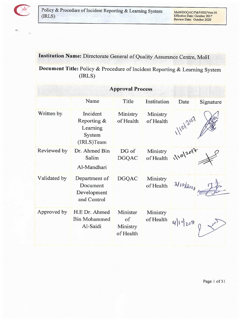 Incident Reporting & Learning System (IRLS) Oman PDF | PDF