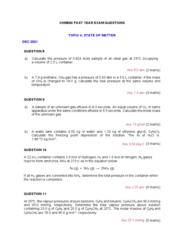 CHM092 State of Matter Exam Questions | PDF