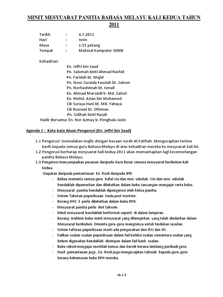 Minit Mesyuarat Panitia Bahasa Melayu Kali Kedua Tahun 2011 Minit Mesyuarat Panitia Bahasa Melayu Kali Kedua Tahun 2011