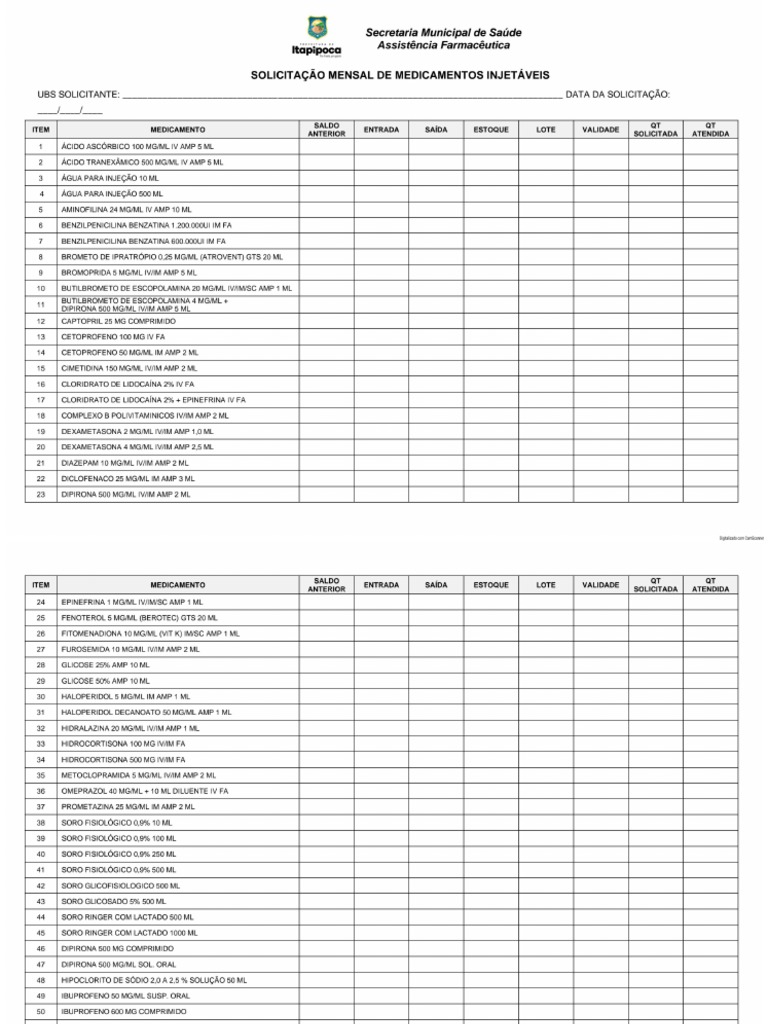 Solicitaçao de Injetáveis PDF | PDF