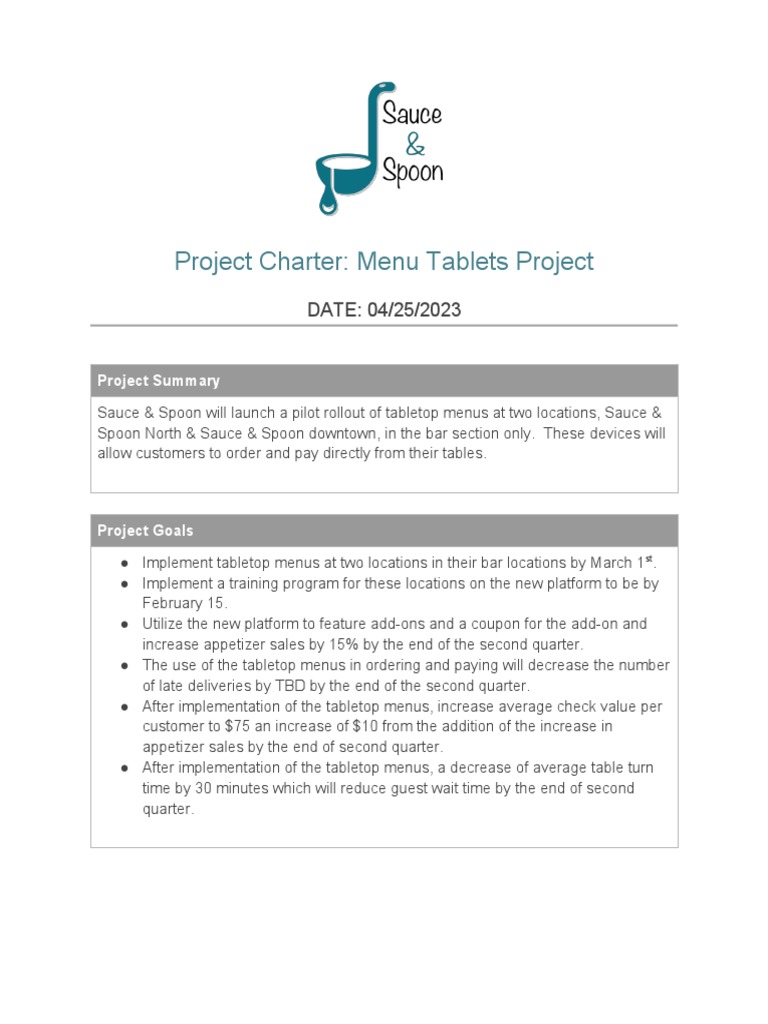 Sauce and Spoon Project Charter PDF