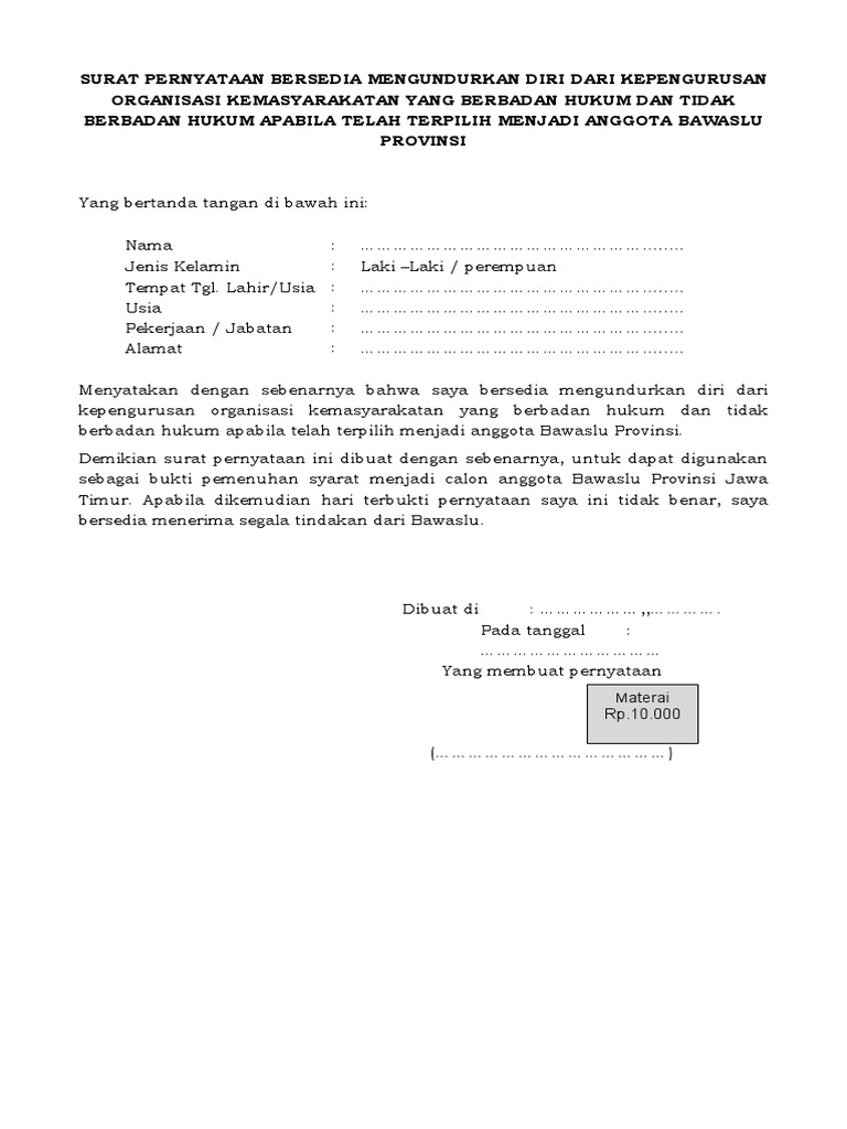Surat Pernyataan Bersedia Pengunduran Diri Ormas | PDF