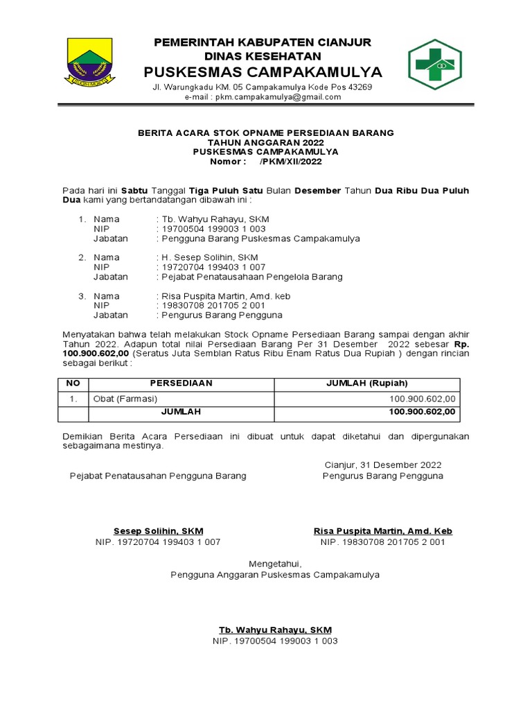 Berita Acara Stok Opname Persediaan Barang 2022 PDF