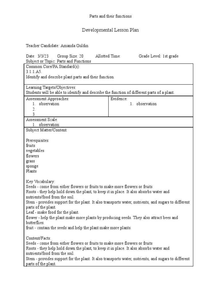 lesson 2 plant parts and their functions PDF Flowers Plants