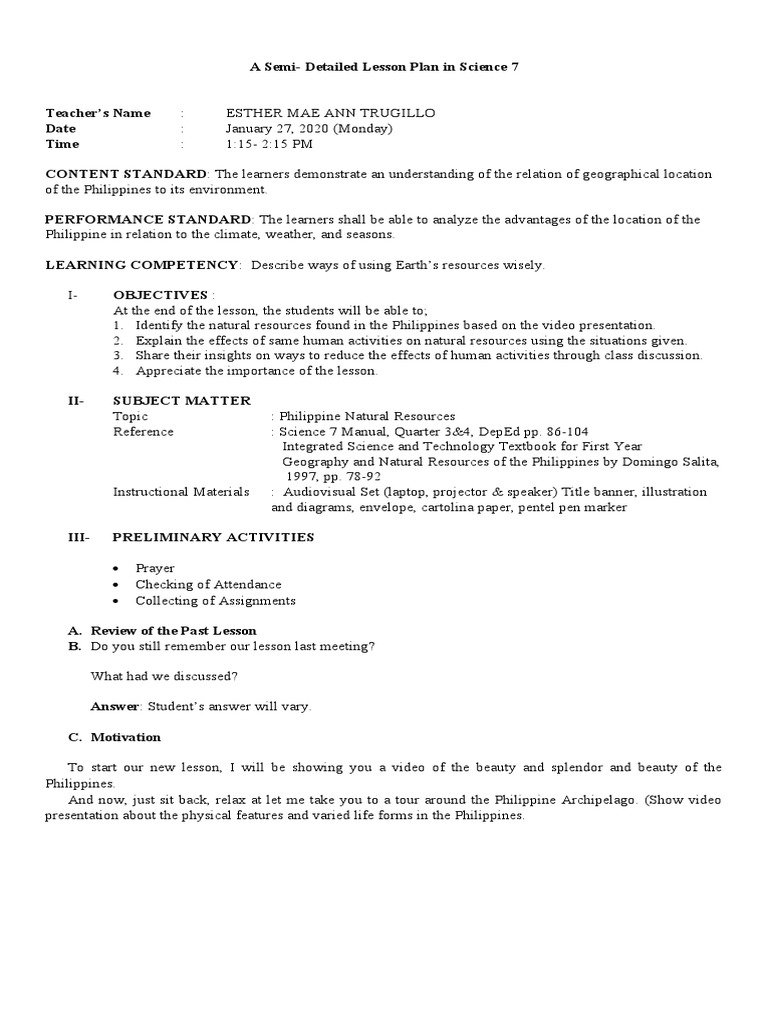 A Semi Detailed Lesson Plan in Science 7 | PDF | Resource | Lesson Plan