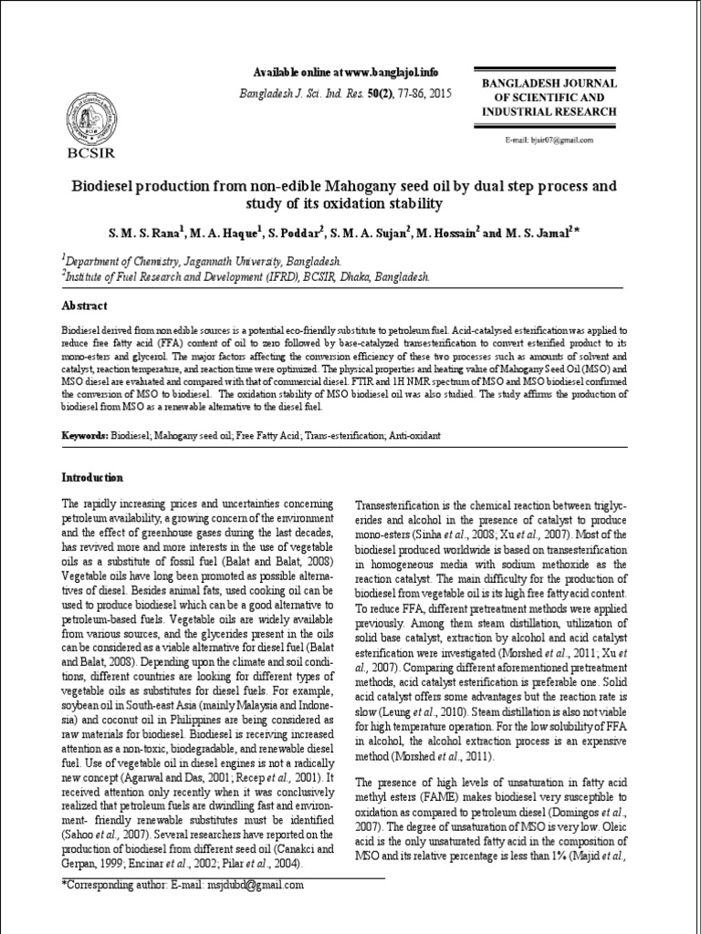 Biodiesel Production From NonEdible Mahogany Seed Oil by Dual Step Process and Study of Its